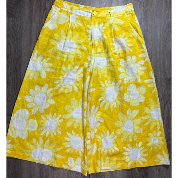 Gorman Wide Leg Culottes Bright Yellow Sunflower Design Crop Pants Women's 14 - Picture 1 of 12